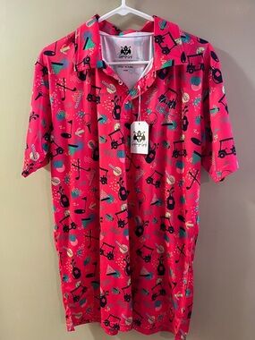 Men's Bright Coral Short-Sleeve Golf Button-Down Shirt with Graphic Print